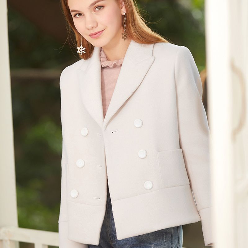 米白色毛呢外套女2019春装新款双排扣小个子修身薄款短款羊毛西服