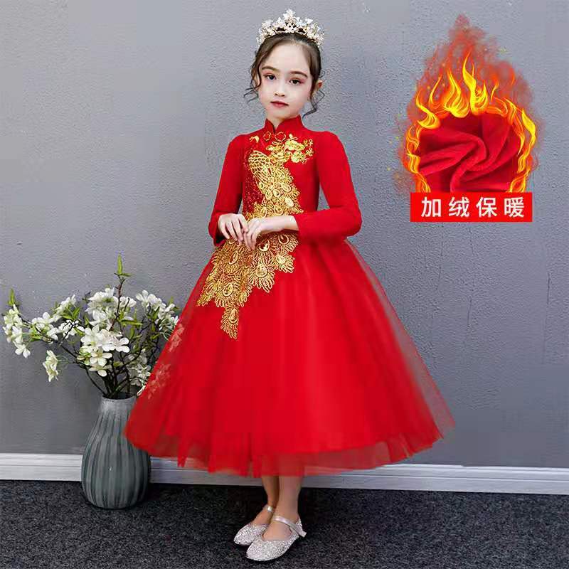 Girl's cheongsam dress autumn and winter Chinese style children's Plush Tang dress little girl's dress long dress foreign style princess skirt