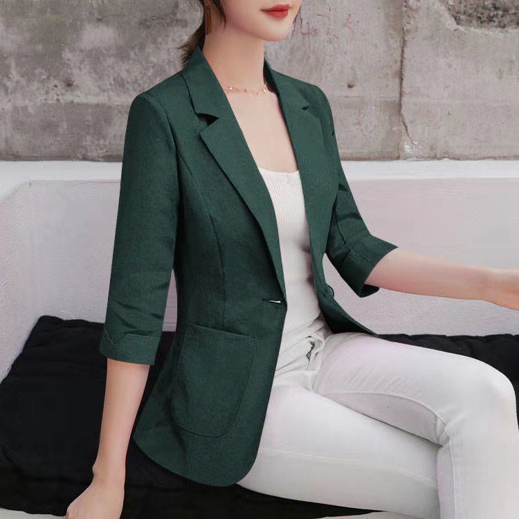 Net red ice silk cotton linen autumn thin section women's suit jacket self-cultivation professional three-quarter sleeves small suit jacket women