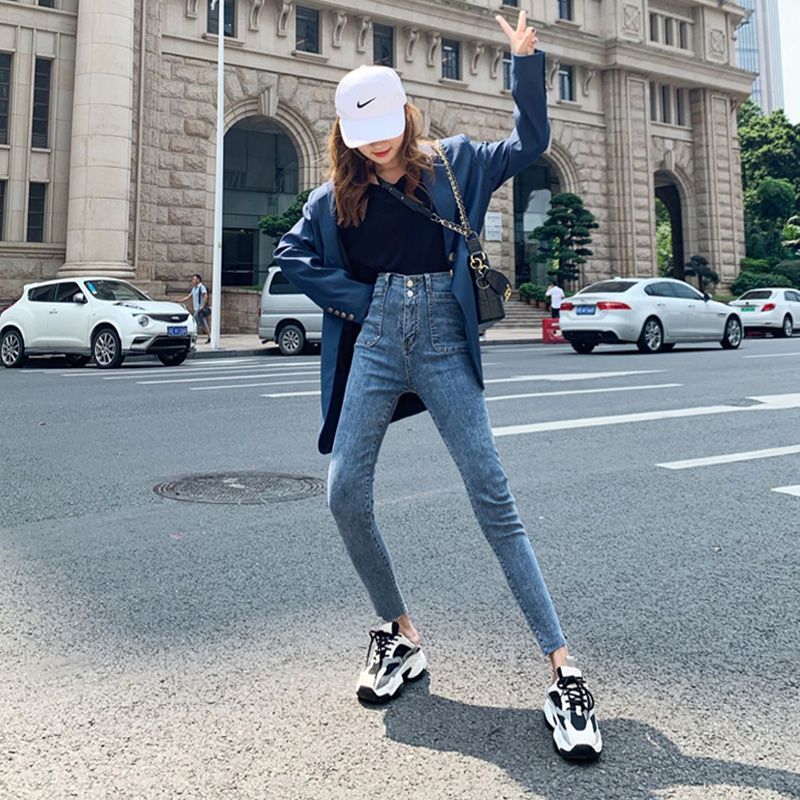 Cashmere stretch jeans female high waisted Student Korean version slim nine point tight pencil pants versatile trend