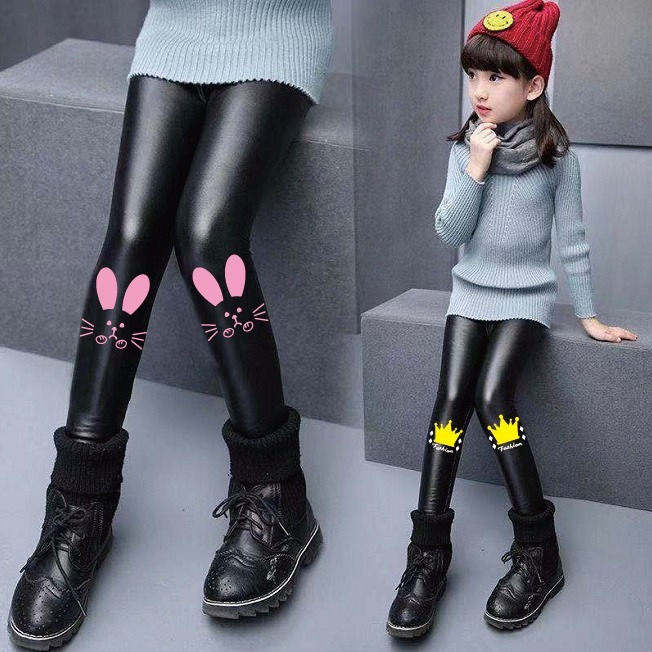 Autumn / winter 2020 children's wear girls' Plush thickening slim fit Leggings middle and large children's PU imitation leather baby long pants