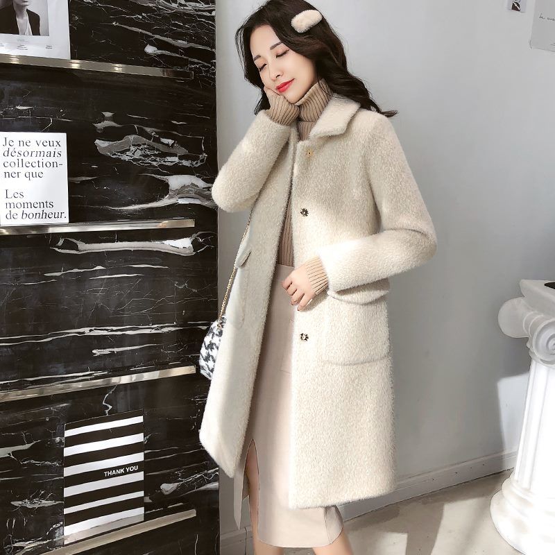 黄金仿水貂绒毛呢外套女中长款加厚2022新款韩版冬季妮子呢子大衣