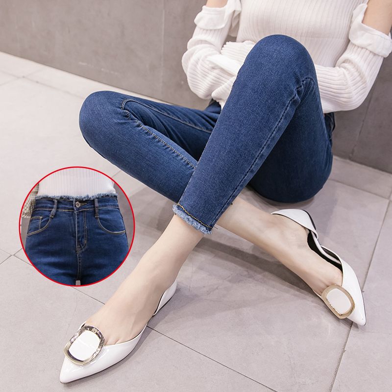 Autumn and winter black jeans women's nine point Leggings student high waisted Korean slim pencil pants with raw edge