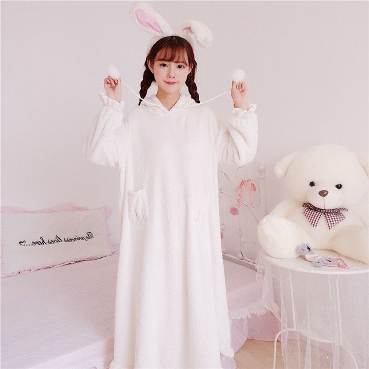 Princess nightdress hooded long sleeve lovely thickened One Piece Pajamas women's long autumn winter home wear cute coral velvet winter