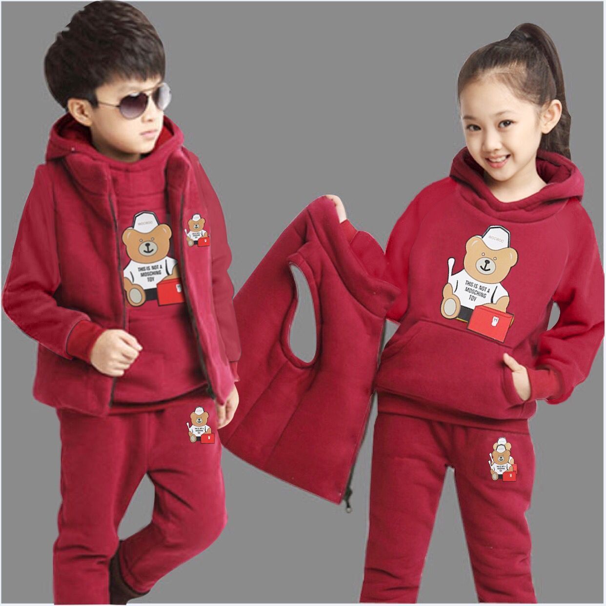 Autumn and winter children's 3-piece sweater with vest Pants Boys and girls' suit Plush