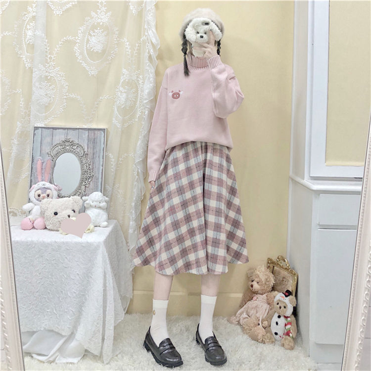 Single / suit autumn / winter knitted sweater Korean loose two piece tweed medium length skirt