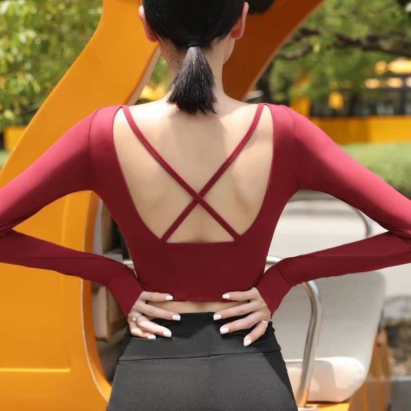 Beautiful back long sleeve fitness clothes women's running sports quick dry T-shirt Tight Sexy navel exposed cover Yoga suit with bra pad