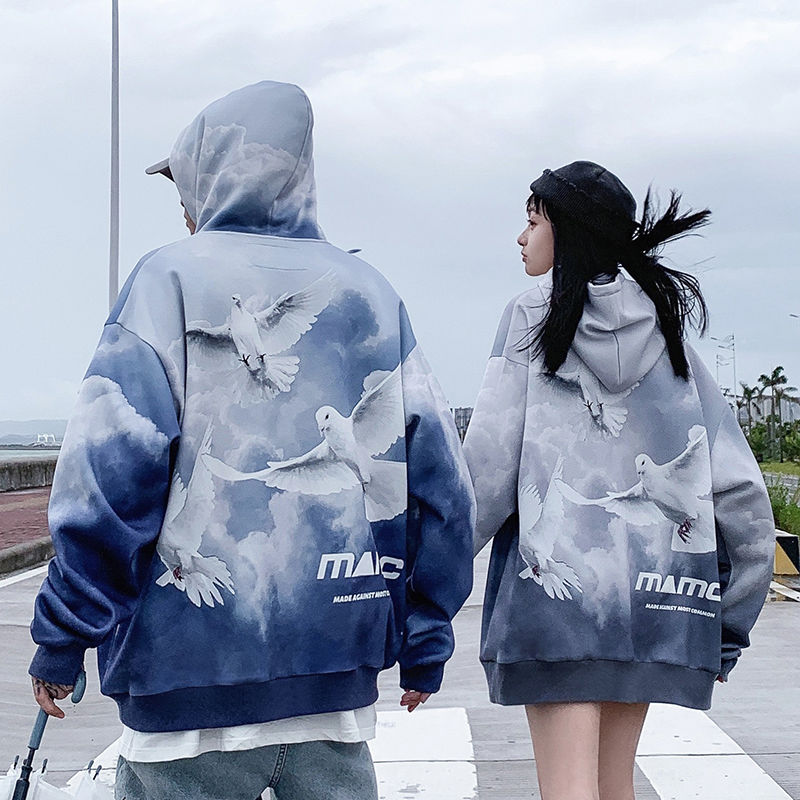 Autumn and winter Plush sweater lovers' loose hooded gradients tie dyed Hong Kong style student hoodies fashion brand clothes