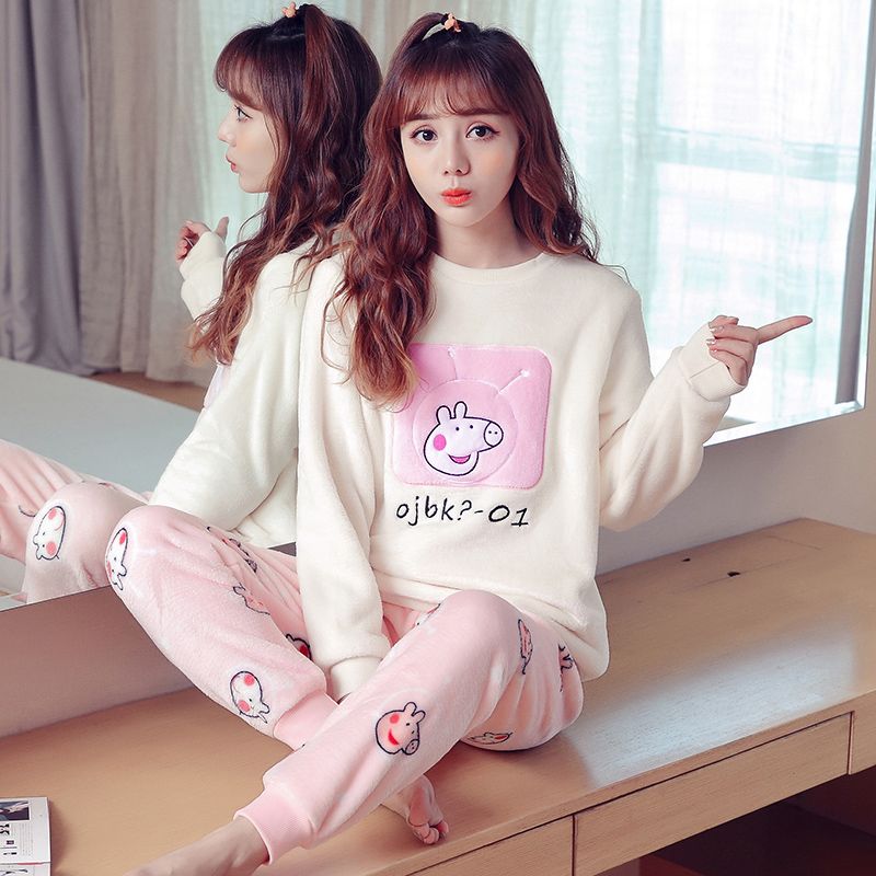 Autumn and winter flannel pajamas women long sleeve warm suit women lovely cartoon thickened coral velvet pajamas female winter