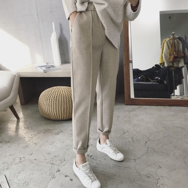 Autumn and winter thickened woolen Harun pants women's small foot radish pants nine point loose and slim casual straight tube suit pants