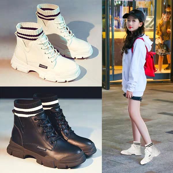 Ins net red girl Martin boots parent child flat bottom Boots New British style autumn and winter wool mouth girl Beige short boots