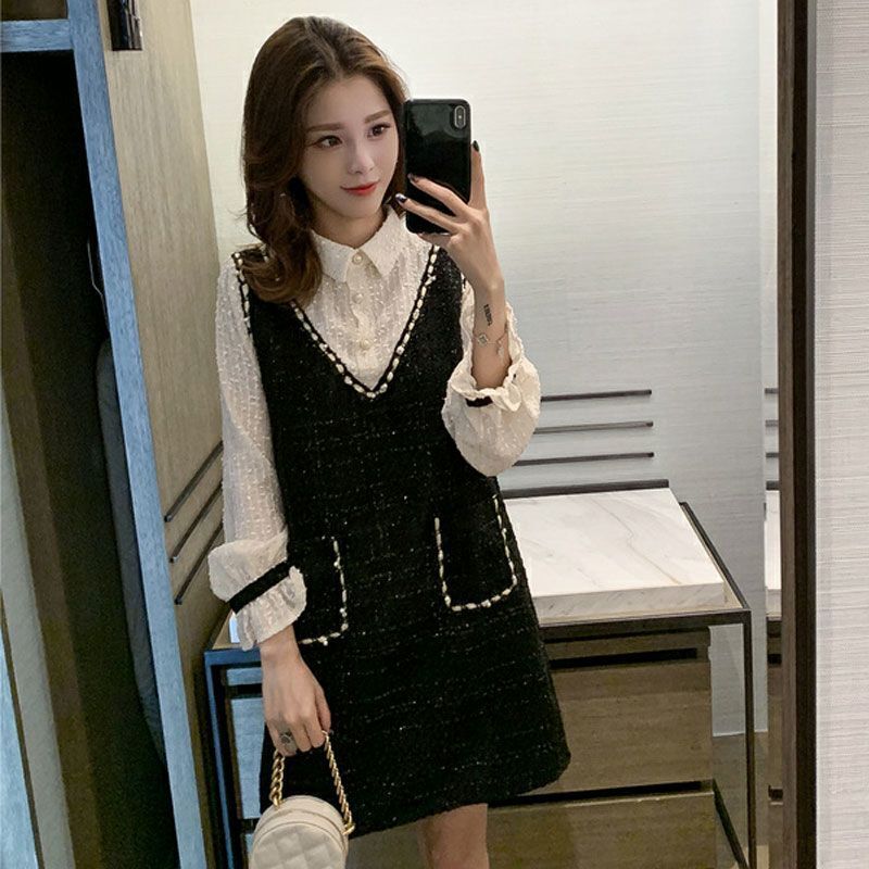 Spring and autumn 2020 new Korean long sleeve fake two piece polo dress loose new A-line skirt