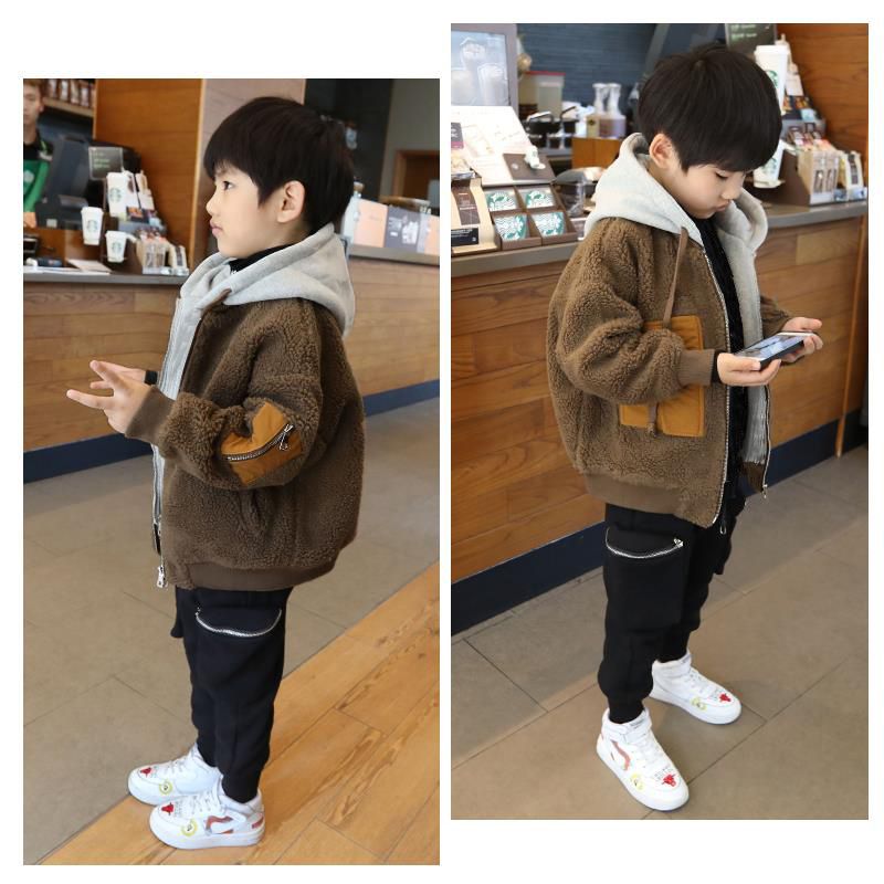 Children's lamb wool coat cotton winter new boys' middle and big children's leave two zipper jacket for warmth