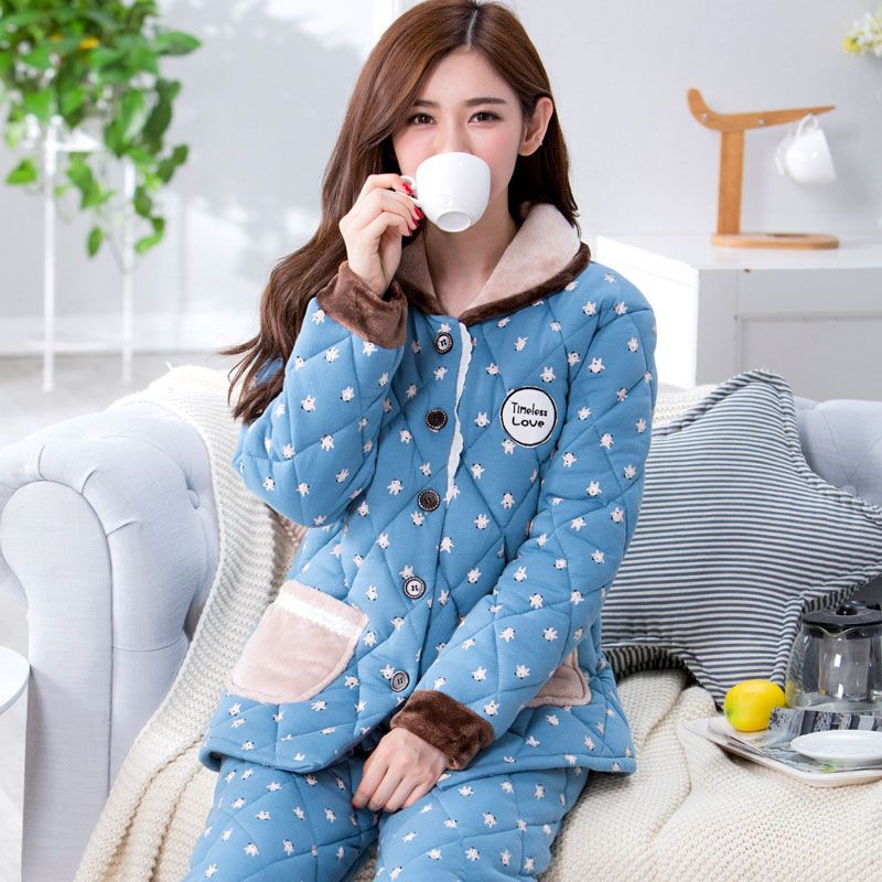 套装睡衣长袖棉袄加厚纯色棉质家居服