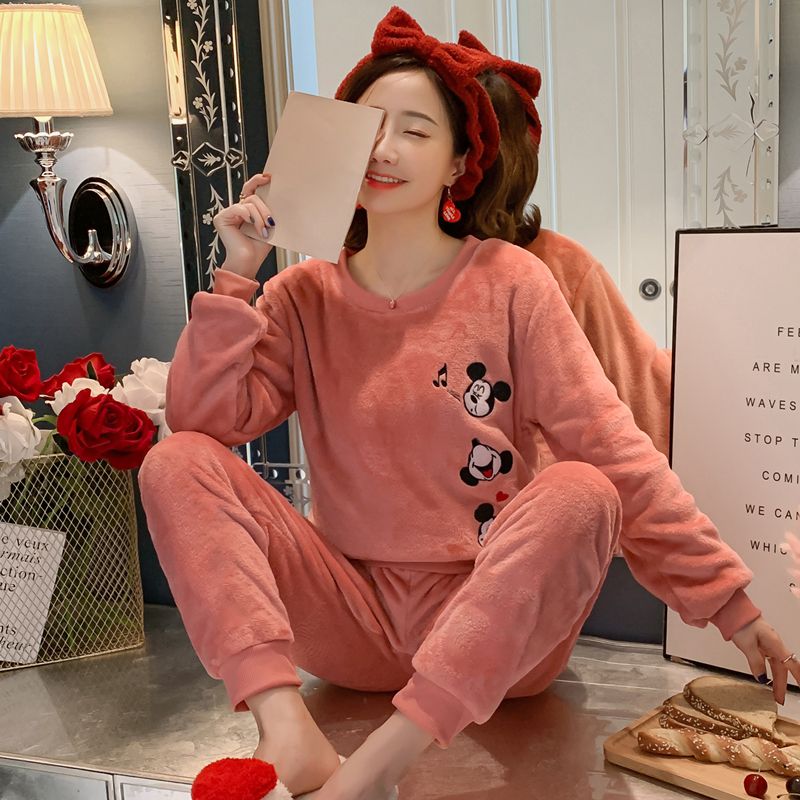 Mickey coral velvet cartoon pajamas women winter extra warm flannel sweet lovely autumn winter home wear set