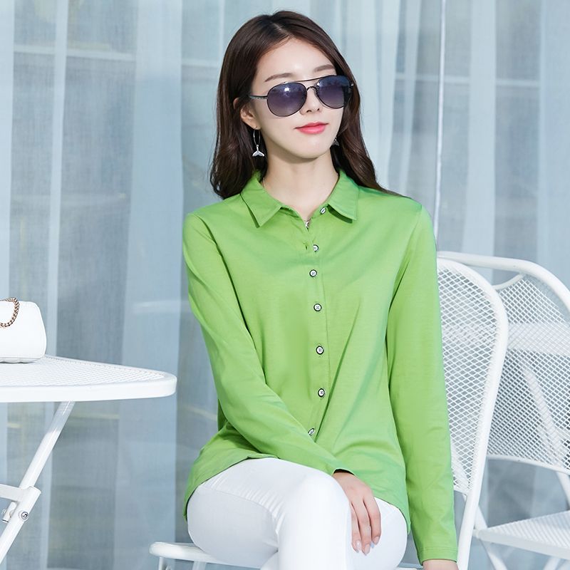 Pure cotton long-sleeved women's top spring and autumn new Korean version of avocado green t-shirt slimming shirt lapel solid color bottoming shirt