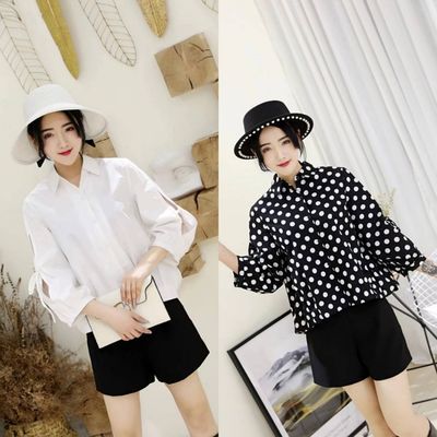 71505/【含棉好料】韩版宽松女衬衫百搭潮打底衫秋冬新款有衬POLO领波点