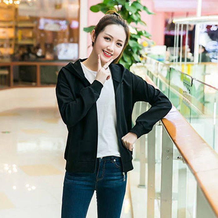 Autumn casual sports short coat female Korean version loose fashion cardigan zipper windbreaker student hooded sweater looks thin