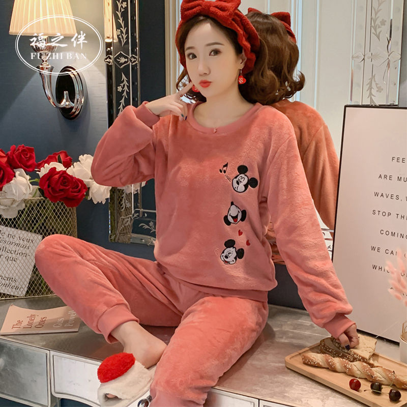 Autumn and winter flannel Korean cartoon pajamas women's long sleeve set lovely coral velvet sweet winter women's pajamas