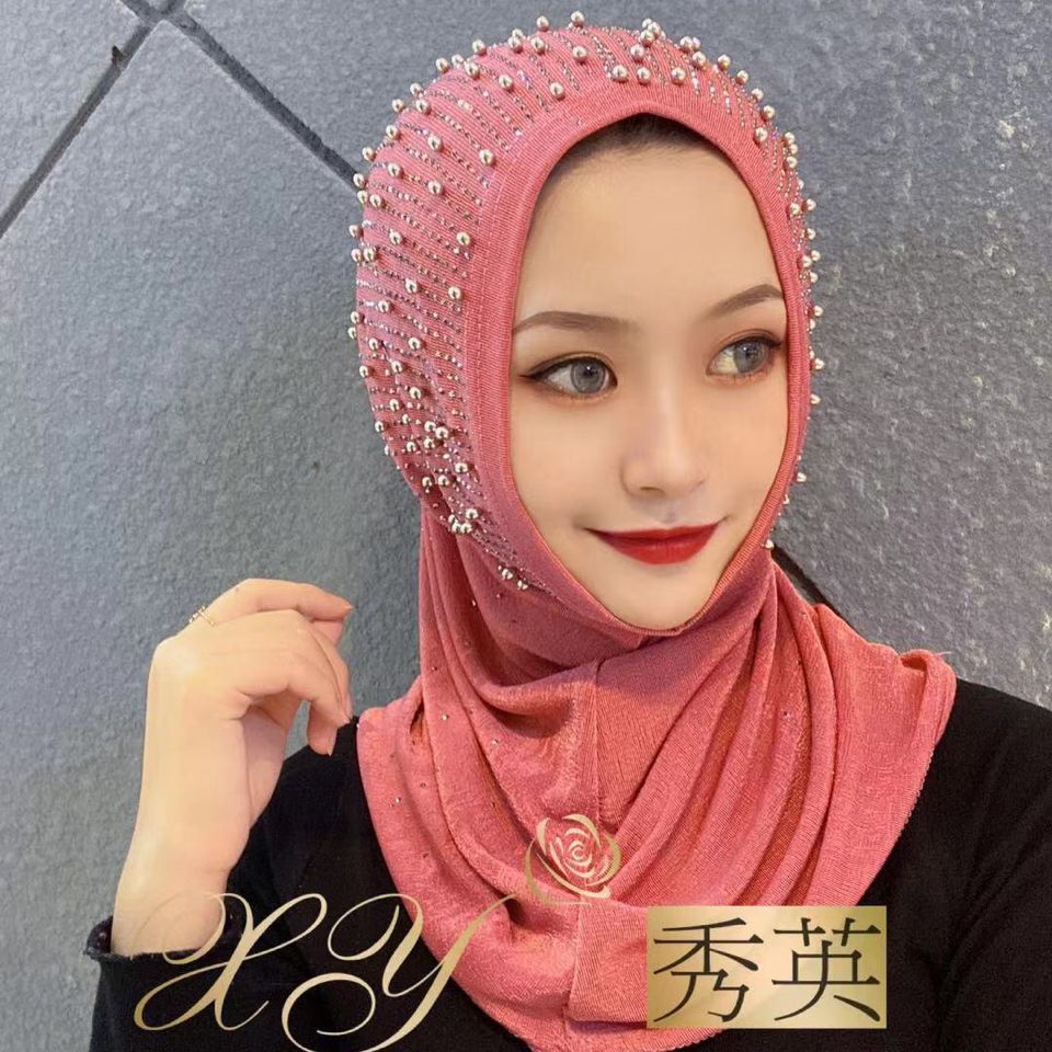 Muslim shawl autumn and winter new convenient head cover knitted nail beads simple head cover for Hui women's fashion headscarf bag