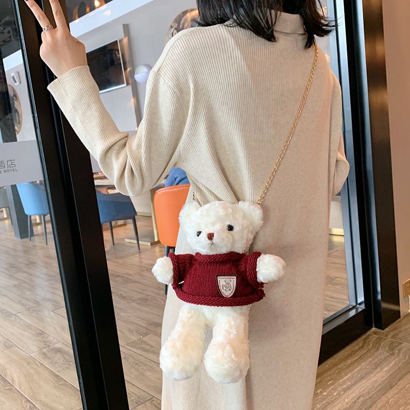可爱少女毛绒小熊包玩偶包单肩包新款韩版学生女斜挎包链条包