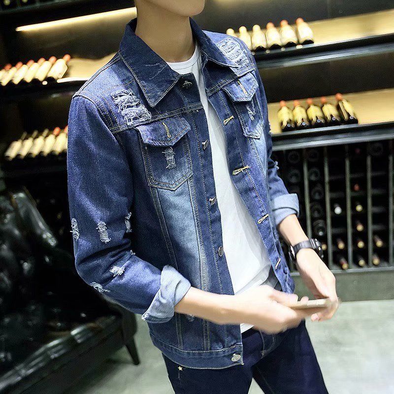 Fashion brand youth denim jacket men's Korean version slim casual fashion top fashion hole fashion versatile