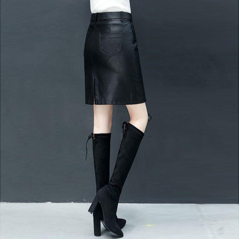 Washed leather / high waist leather skirt women's winter new bag hip PU skirt large size one step skirt imitation leather skirt women
