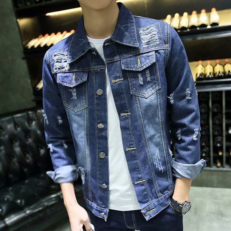 Fashion brand youth denim jacket men's Korean version slim casual fashion top fashion hole fashion versatile