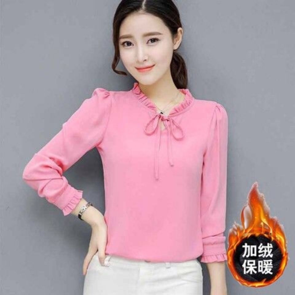 打底衫加絨雪紡衫長袖2022秋款女裝韓版襯衫T恤大碼女裝寬鬆上衣