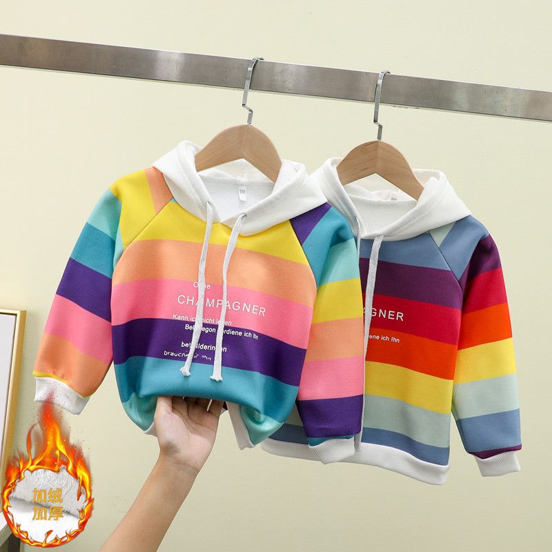 Children's sweater spring and autumn new female baby Korean style boy's T-shirt Rainbow Stripe top Hoodie