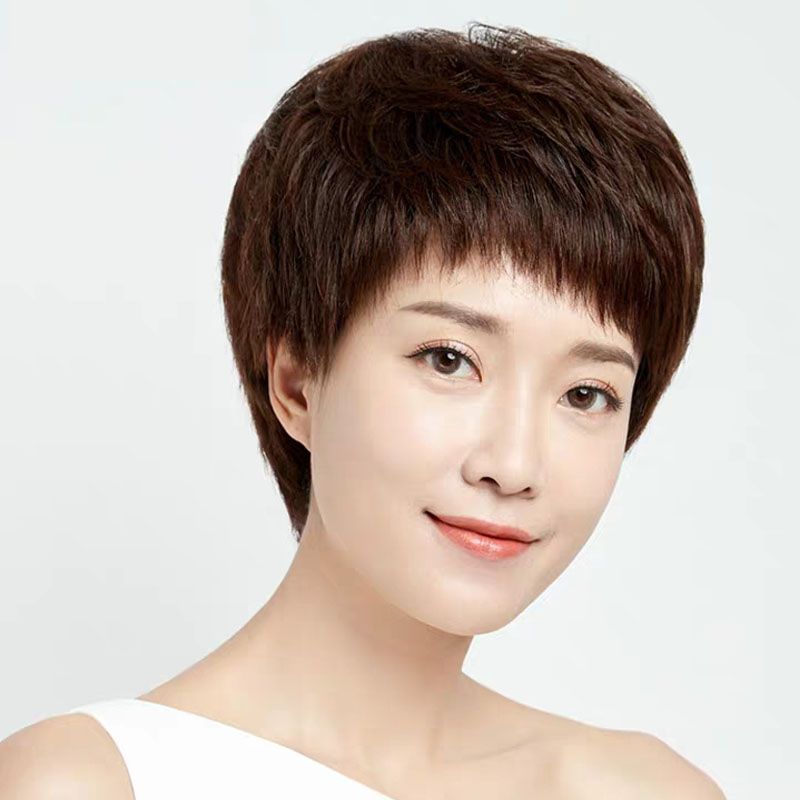 假发女短发仿真头皮真发直发全头套时尚中年人妈妈逼真自然蓬松