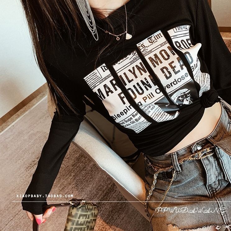 Autumn and winter new fashion foreign style tight-fitting print student t-shirt ladies long-sleeved slim waist inner bottoming shirt spring