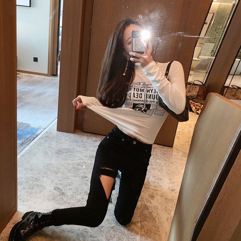 Autumn and winter new fashion foreign style tight-fitting print student t-shirt ladies long-sleeved slim waist inner bottoming shirt spring