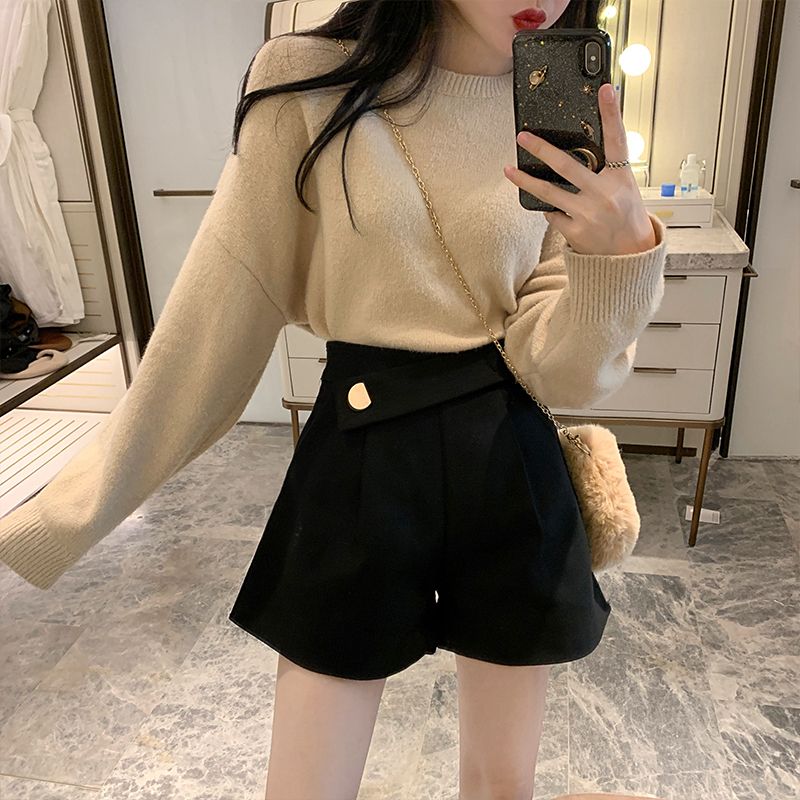 Wool shorts women's new wide leg pants with high waist in autumn and winter