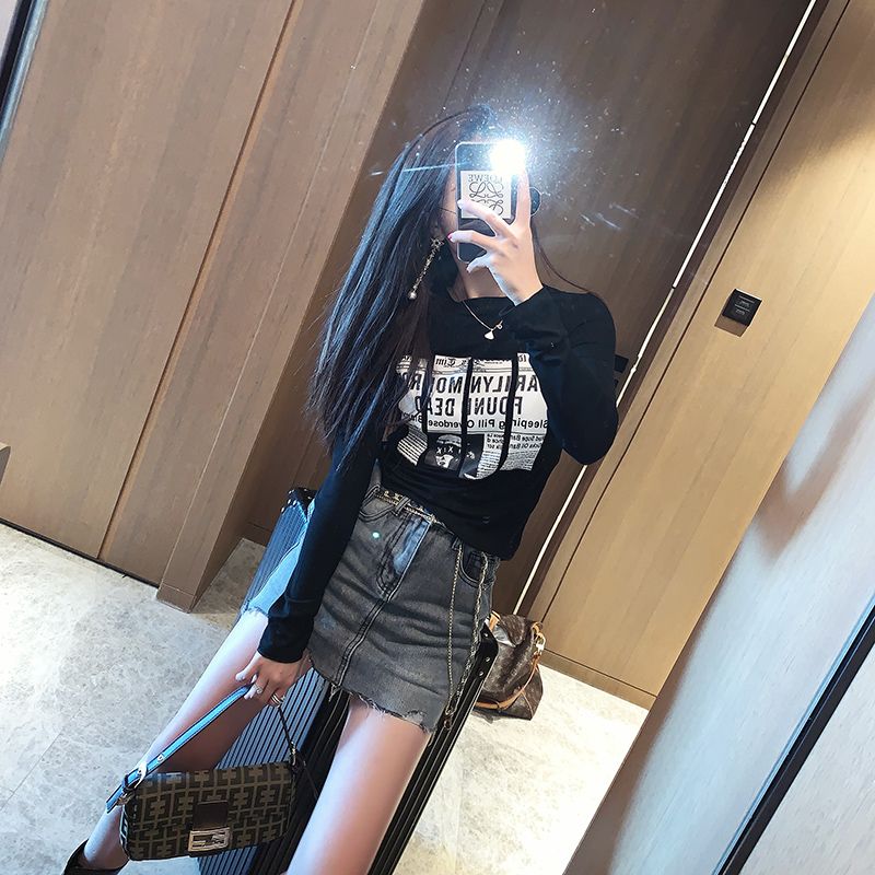 Autumn and winter new fashion foreign style tight-fitting print student t-shirt ladies long-sleeved slim waist inner bottoming shirt spring