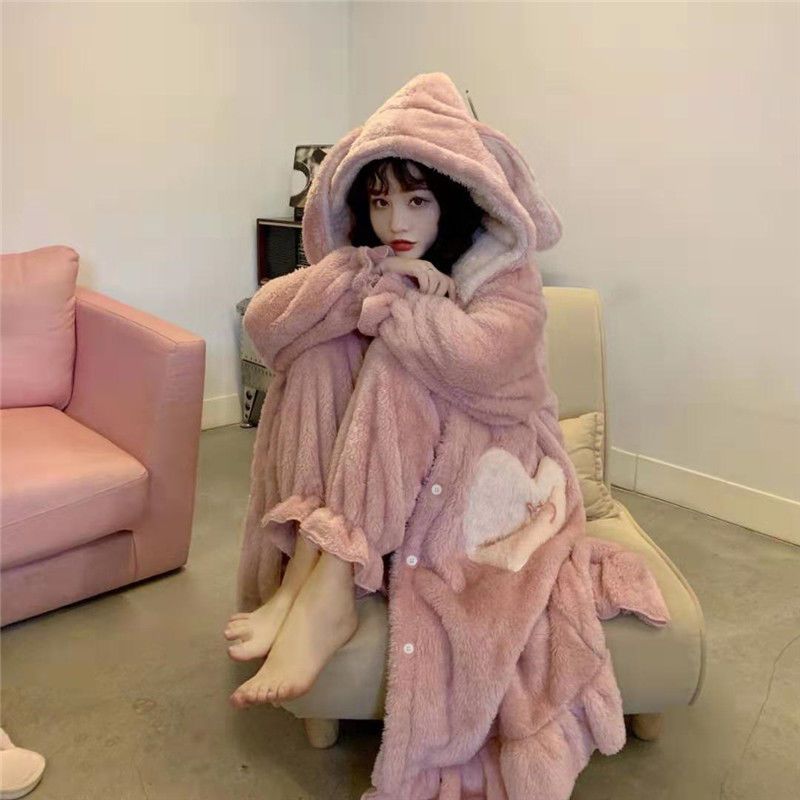 Korean version of autumn and winter pajamas women's suit student loose and lovely coral Plush ins Nightgown nightdress home clothes