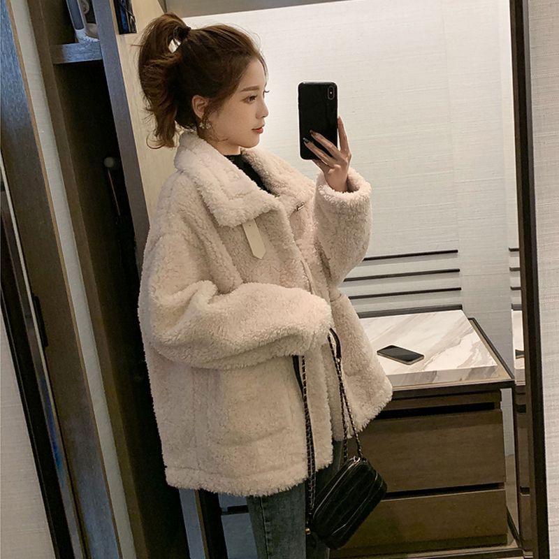 Lamb plush jacket female Korean version loose student plus velvet thick clothes ins spring and autumn imitation lamb plush top