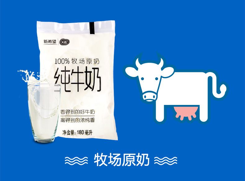 新鲜日期丨新希望优质精选奶网红早餐奶透明袋纯牛奶180ml*12袋