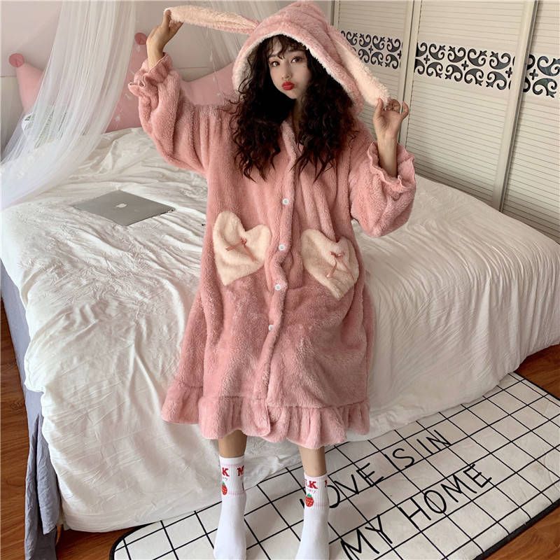 Korean version of autumn and winter pajamas women's suit student loose and lovely coral Plush ins Nightgown nightdress home clothes