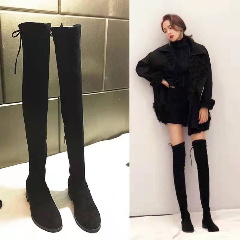 Long boots women's knee boots new high tube flat bottom thin long boots elastic boots Plush boots in autumn and winter