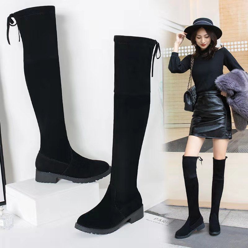 Long boots women's knee boots new high tube flat bottom thin long boots elastic boots Plush boots in autumn and winter