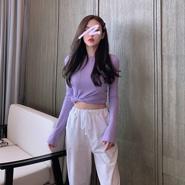 Spring and Autumn Models Age-reducing Slim Slim Long-sleeved T-shirt Girls Fashion Popular Taro Purple All-match Outerwear Bottom Shirt Winter