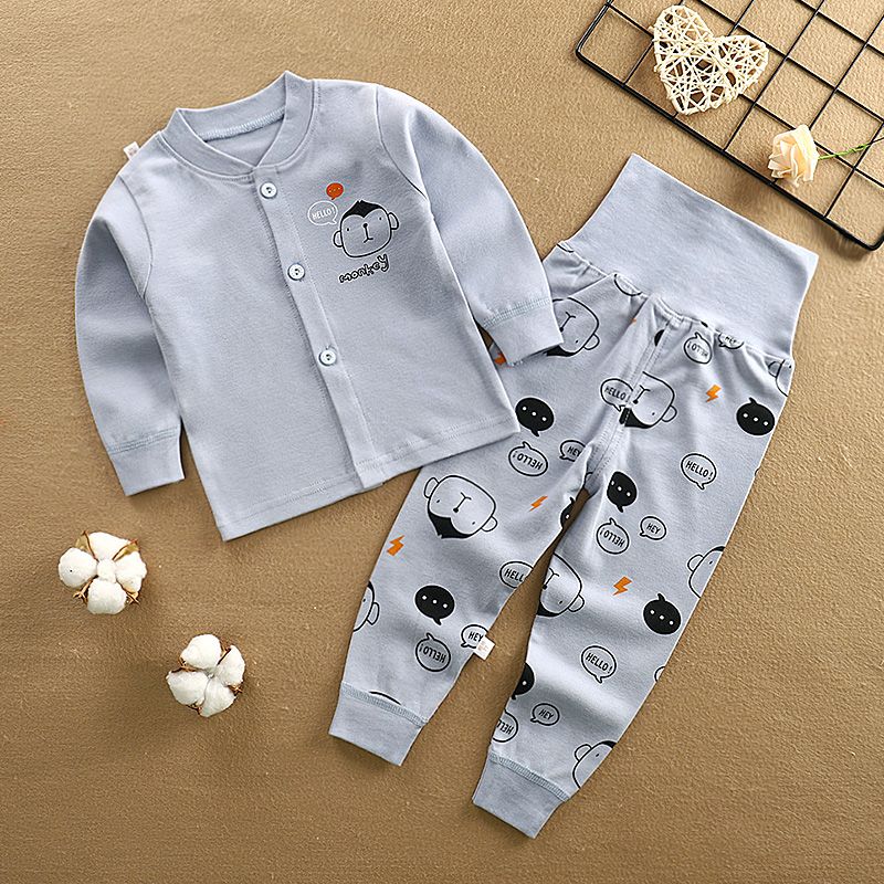 Spring and autumn new cotton children's long johns high-waist suit baby combed cotton belly underwear two pieces