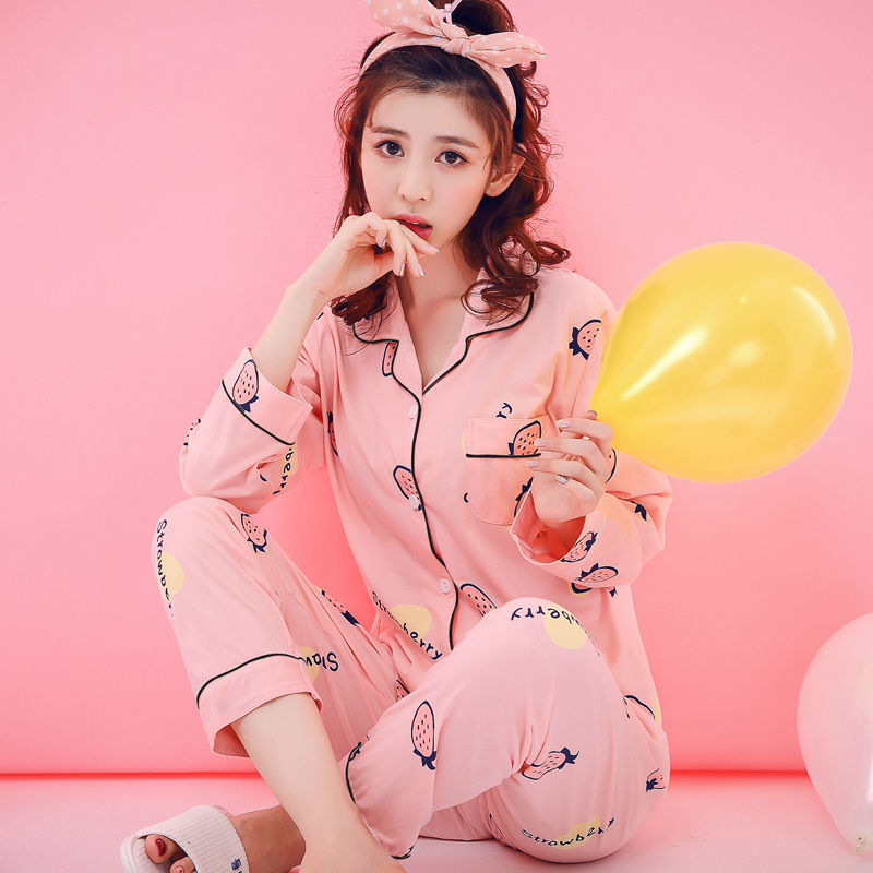 睡衣女秋季睡衣女長袖春秋冬開衫兩件套套裝紐扣大碼家居服月子服