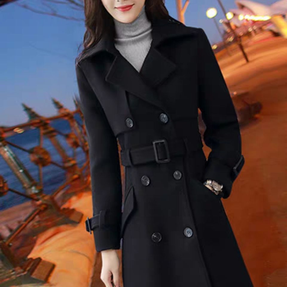 羊毛呢子大衣女装外套2020冬季新款韩版黑色双排扣中长款修身收腰