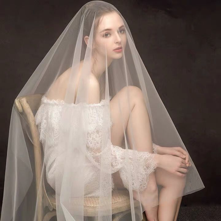 New bridal headdress long Mori simple net red photo prop super fairy wedding headdress soft gauze plain gauze