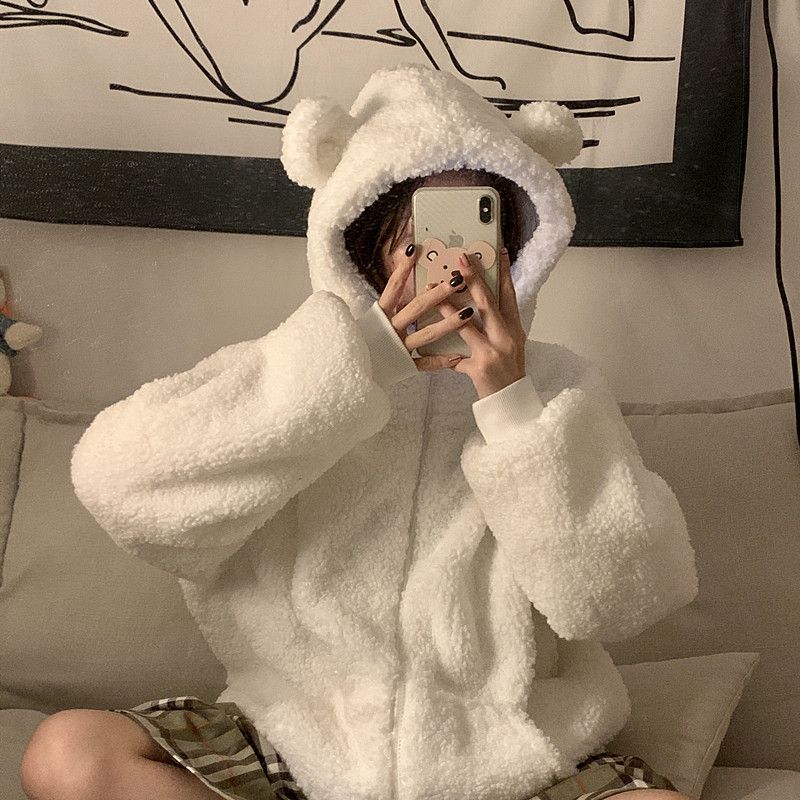Autumn and winter thickened cute little bear ears imitation lamb hair age reducing zipper long sleeve hooded sweater coat female student trend