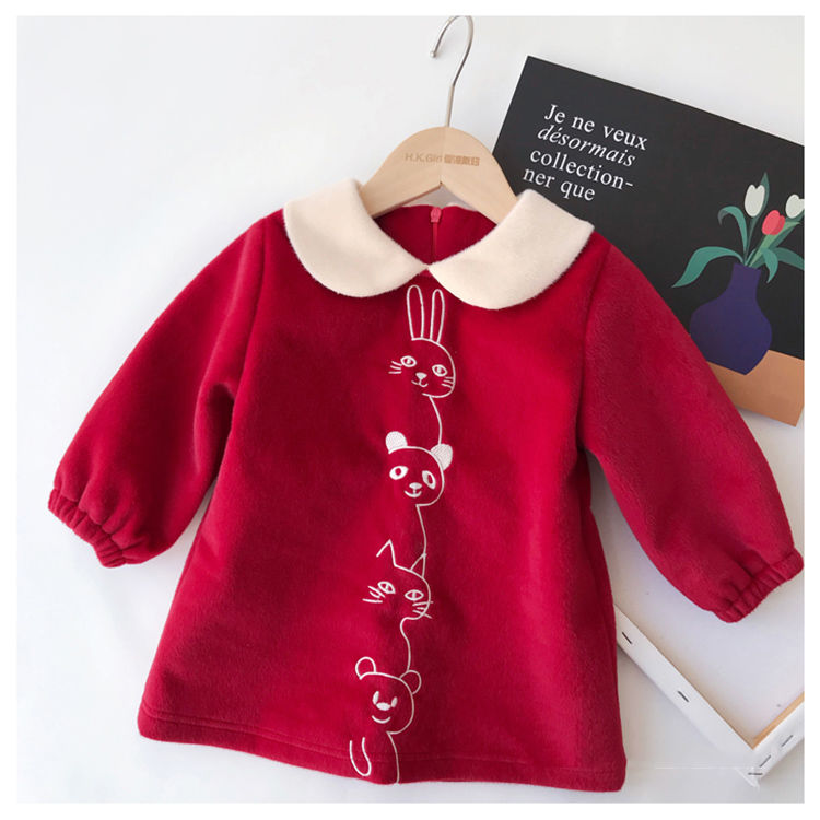 Girls' cashmere winter mink velvet dress 2020 new baby girl's foreign style embroidery doll collar New Year's dress red
