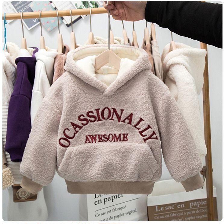 Girls' sweater children autumn winter baby 2020 Plush thickened sweater hooded children's embroidered letters warm top