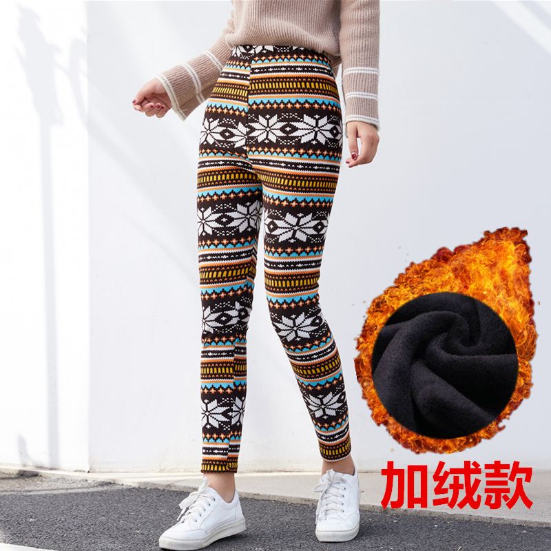 Plush casual pants women's student pants multicolor snowflake deer pants fattening high waist elastic pajamas Leggings